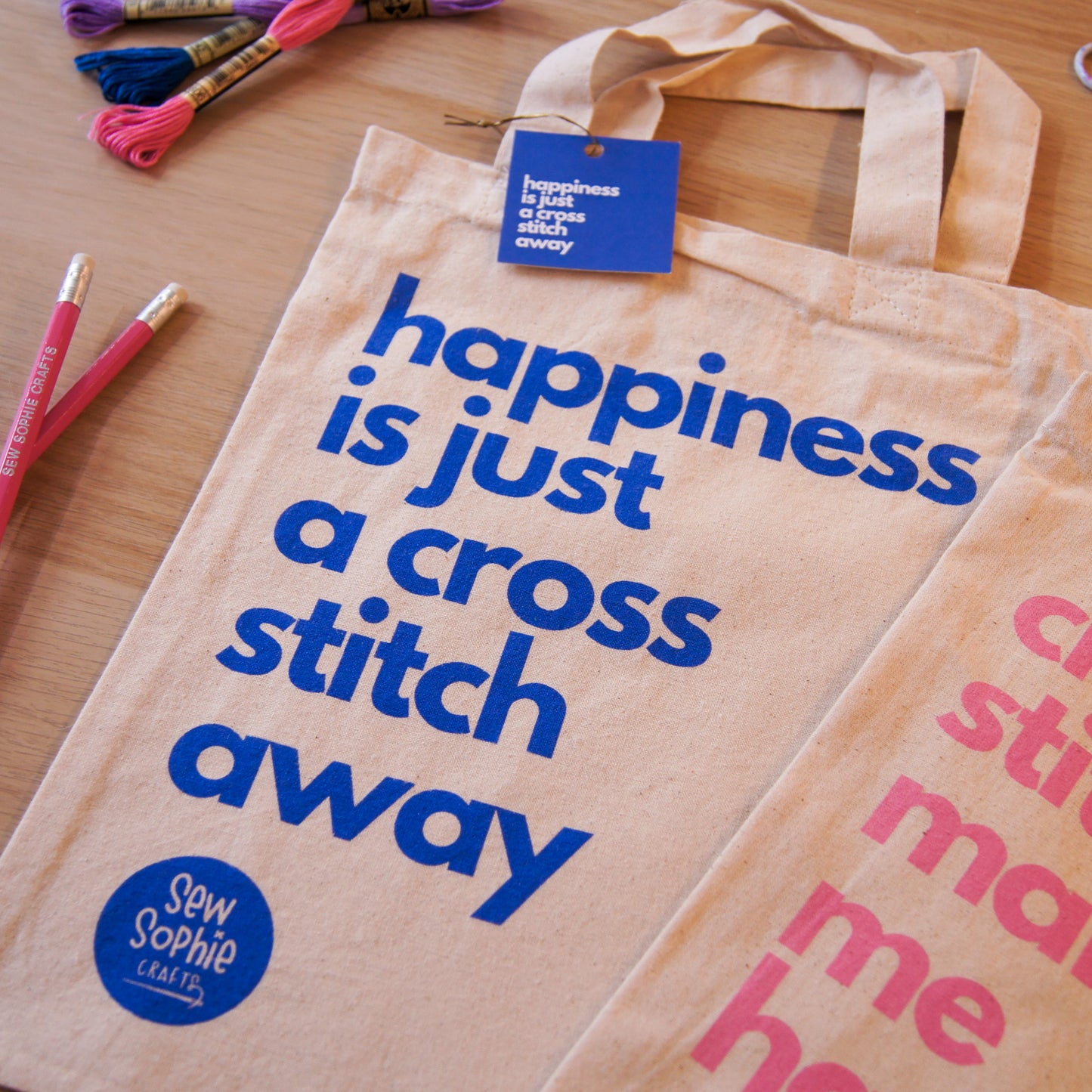 'Happiness is just a Cross Stitch Away' Tote Bag