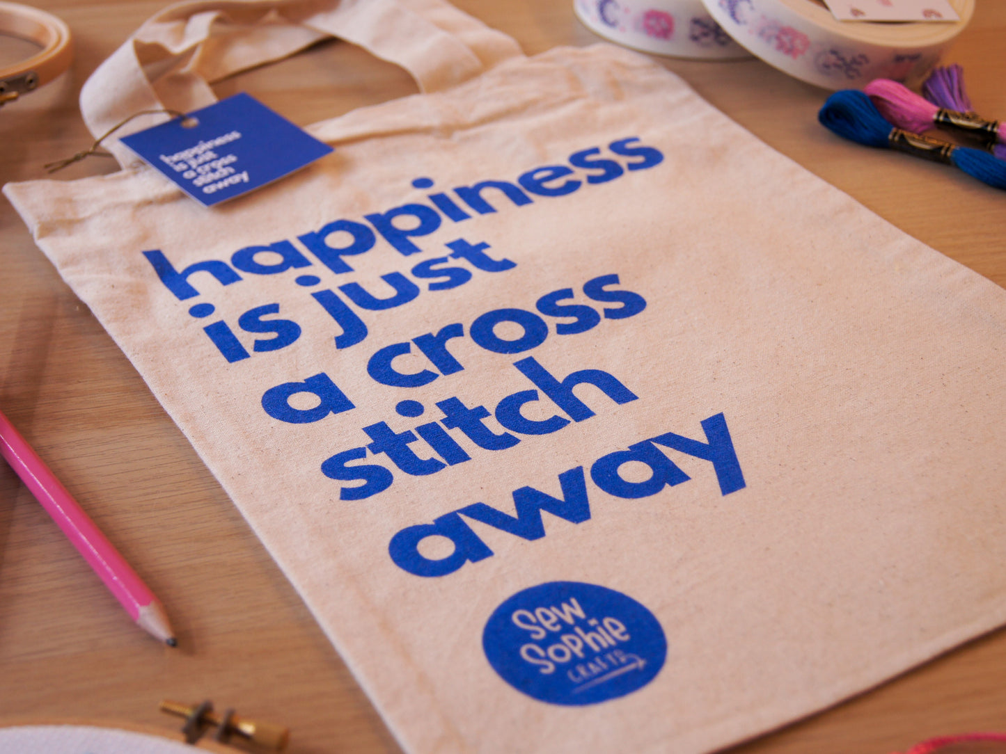 'Happiness is just a Cross Stitch Away' Tote Bag