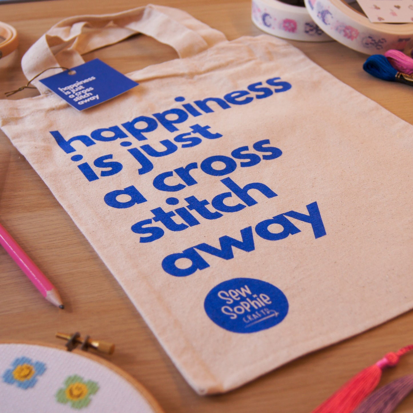'Happiness is just a Cross Stitch Away' Tote Bag