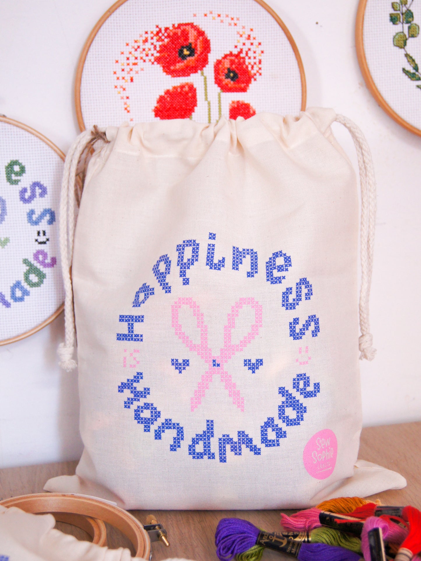 'Happiness is Handmade' Drawstring Cross Stitch Project Bag