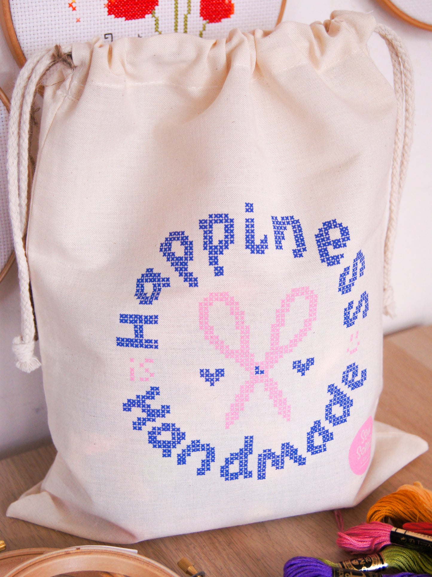 'Happiness is Handmade' Drawstring Cross Stitch Project Bag
