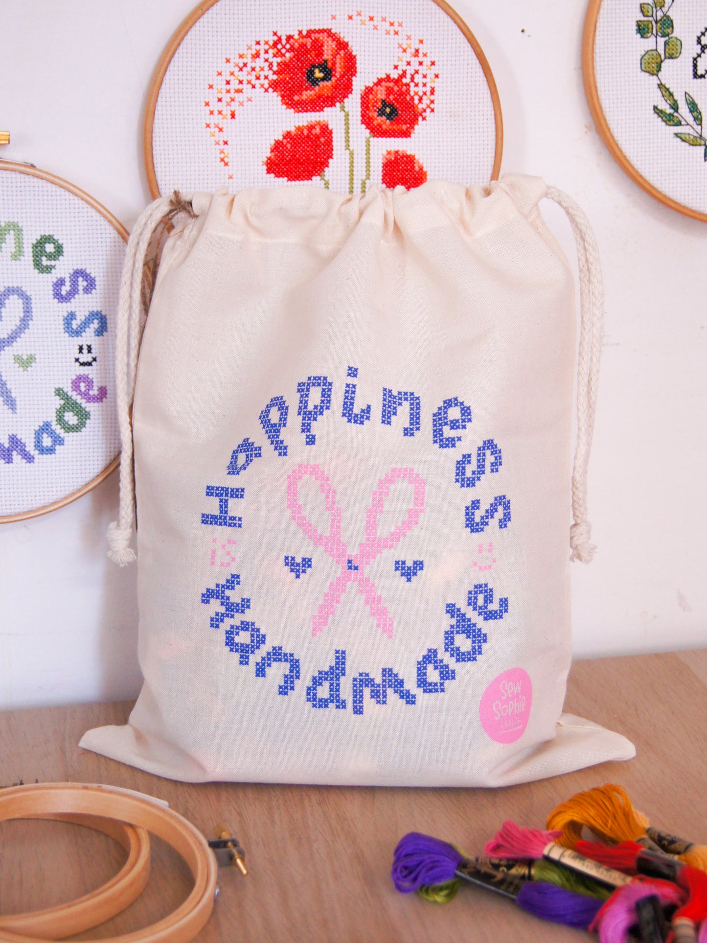 'Happiness is Handmade' Drawstring Cross Stitch Project Bag